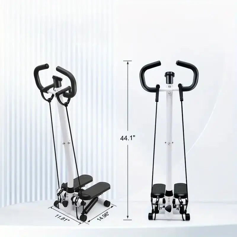 Adjustable mini stepper machine with handlebar and resistance bands, shown with dimensions for home cardio workouts and leg toning exercises