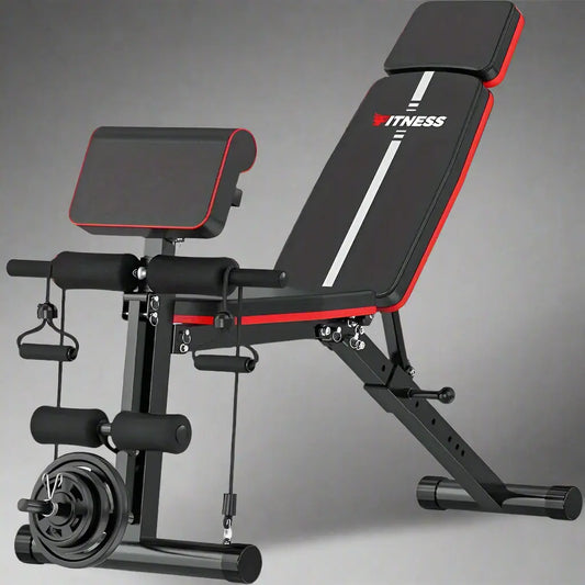 Adjustable multifunction weight bench with preacher curl pad, resistance bands, and barbell holder—ideal for incline, decline, and flat strength training, sit-ups, and full-body home gym workout