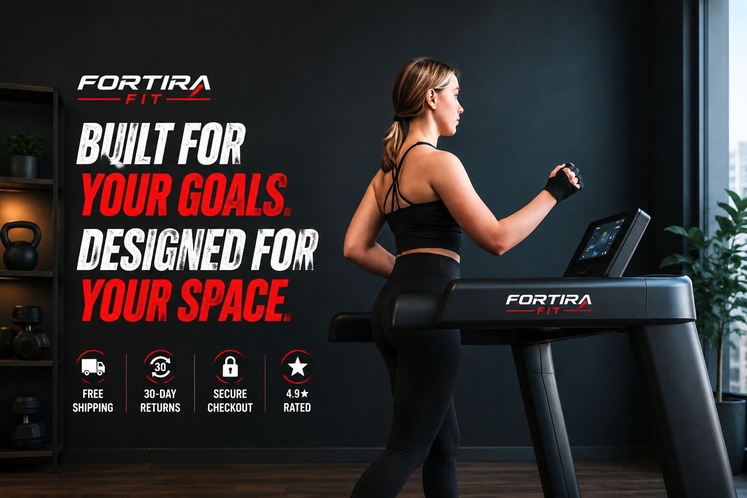 Woman using a treadmill with Fortira Fit branding and promotional text on a dark background.