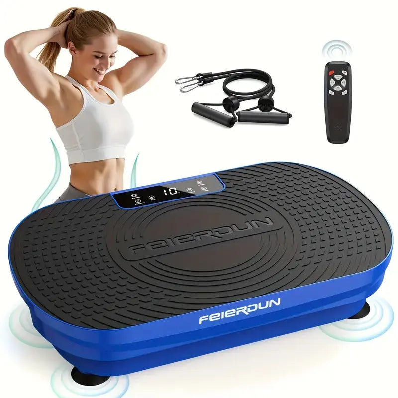 Blue vibration plate workout machine with digital display, resistance bands, and remote control, ideal for full-body toning and core strengthening