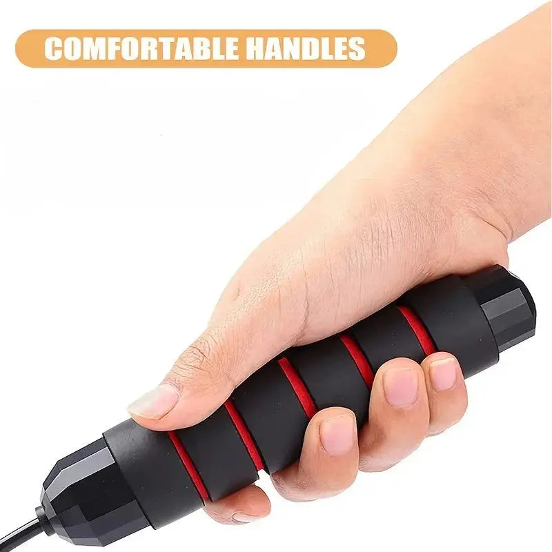 Close-up of hand gripping a jump rope with comfortable non-slip foam handle, designed for secure grip and enhanced comfort during cardio workouts