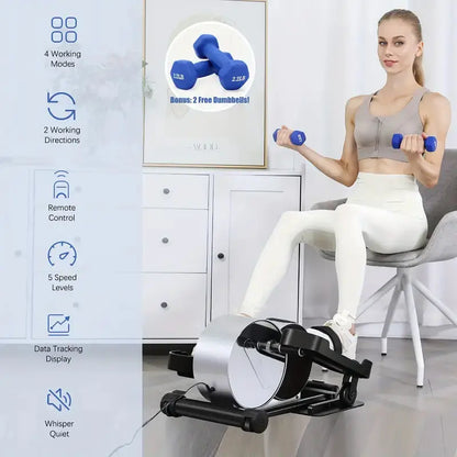 Seated elliptical trainer with remote control, speed settings, and bonus dumbbells