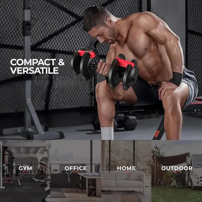 Man using compact adjustable dumbbell for strength training, ideal for gym, office, home, and outdoor workouts
