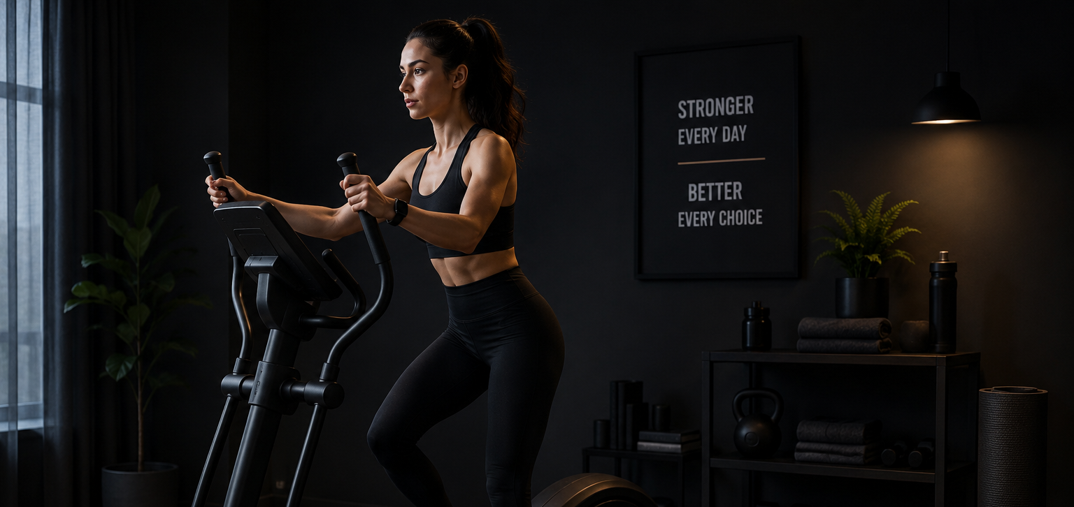 Woman exercising on an elliptical machine in a home gym setting.