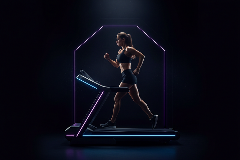 Woman running on a modern treadmill with LED lighting in a dark studio, showcasing convenient home cardio workouts with Fortira Fit.