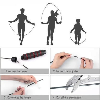 Step-by-step visual guide showing how to adjust the length of a jump rope with foam handle, including unscrewing the cover, loosening the adjuster, customizing the length, and cutting off the excess cable for a perfect fit.