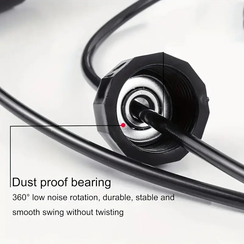 Close-up of dustproof bearing on jump rope with 360-degree low noise rotation, ensuring smooth, stable, and tangle-free swing for intense cardio workouts