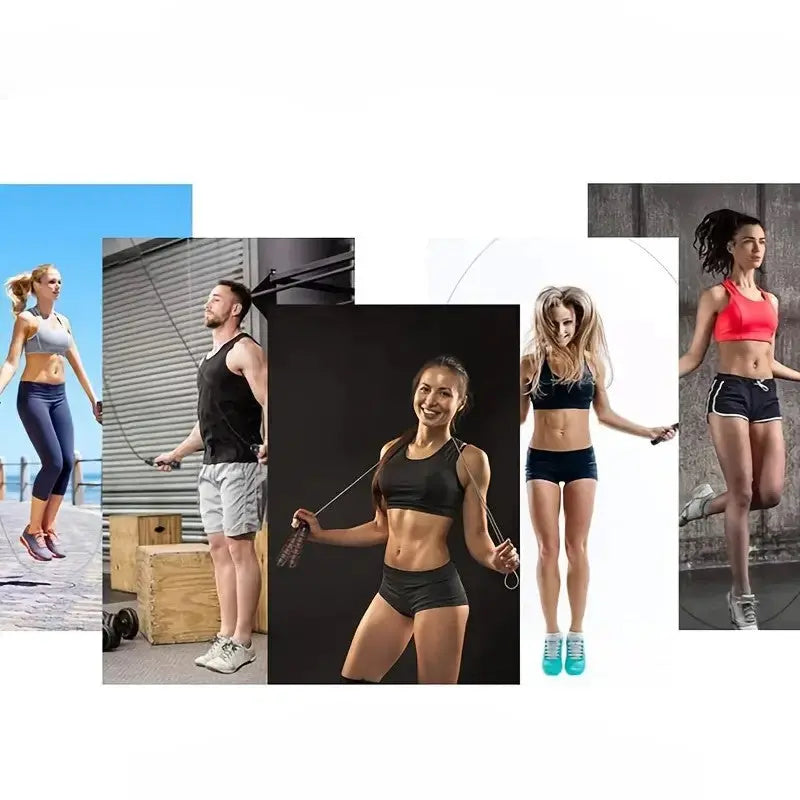 Group of active men and women performing jump rope exercises outdoors and in gym for cardio training and full-body fitness