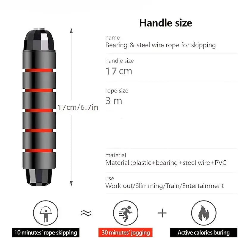 Detailed jump rope handle size and specifications chart showing 17 cm foam handle, 3 m steel wire rope, and material composition for effective cardio workout, slimming, and training use.