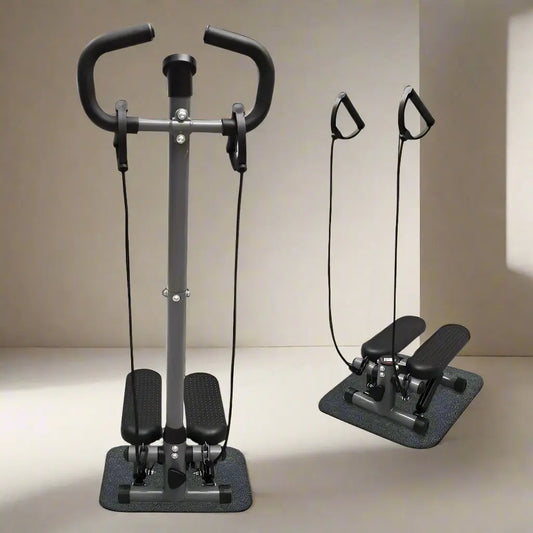 Mini stepper exercise machine with resistance bands and handlebar for home cardio workouts, leg toning, and full-body fitness training