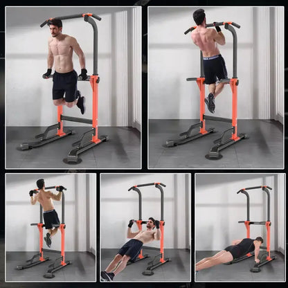 Red power tower dip station for home gym, featuring pull-ups, leg raises, and push-up workout options