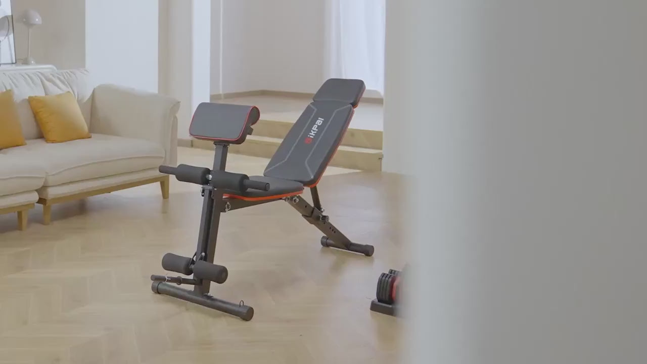Load video: Adjustable weight bench in use for full-body strength training, foldable stainless steel exercise bench for home gym workouts